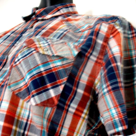 Ruff Hewn Button Up Shirt Men's Blue/Orange Plaid Size Large Short sleeves. - Picture 7 of 10